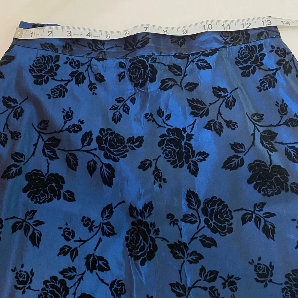 VINTAGE ALCHEMY Blue Iridescent Black Velvet Floral Burnout A-Line‎ Maxi Skirt 8